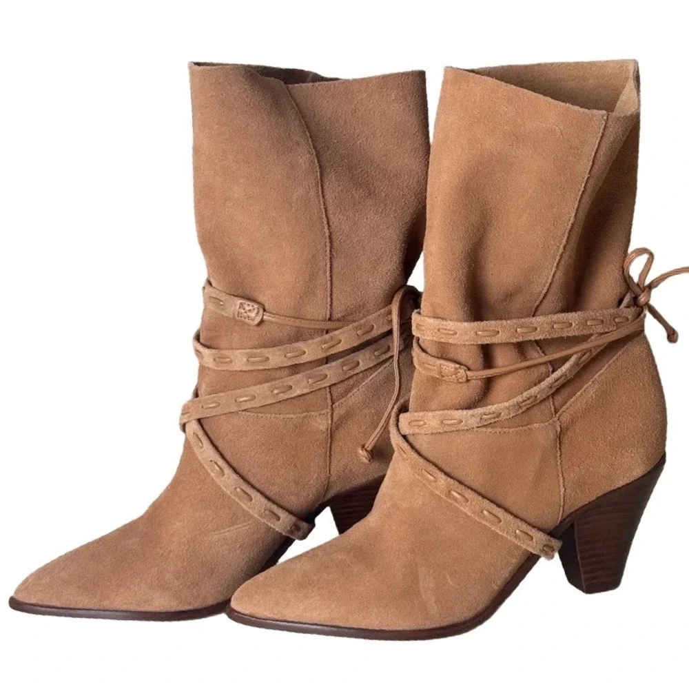Schutz Portia Suede Ankle Boots Honey Peach Tan Leather Wrap Straps Size 6B - Picture 4 of 9
